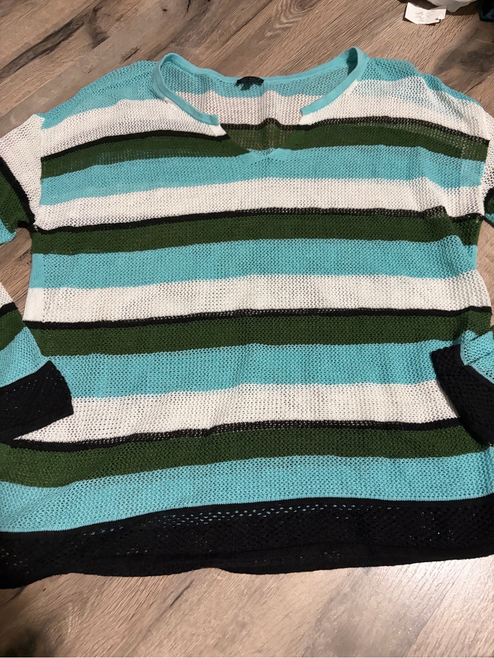Talbots Striped Knit Mesh Top in Aqua, White, Olive & Black- XL